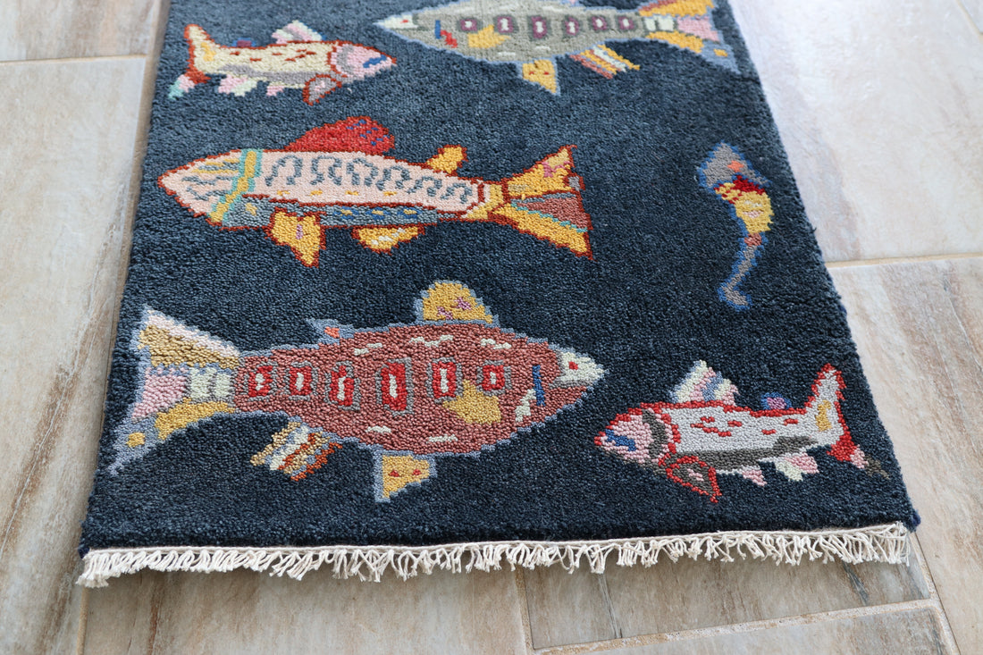2' x 3' Ft. Fun Fish/Sea Design Turkish Oushak Bohemian Hand Knotted Wool Area Rug - BR2673