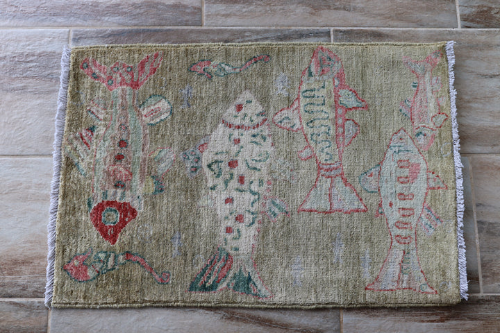 2' x 3' Ft. Fun Fish/Sea Design Afghan Peshawar Hand Knotted Wool Rug - BR2678