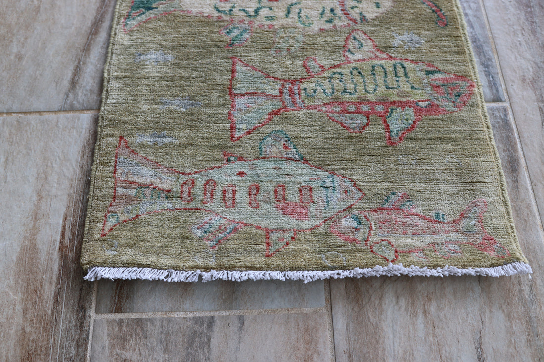 2' x 3' Ft. Fun Fish/Sea Design Afghan Peshawar Hand Knotted Wool Rug - BR2678