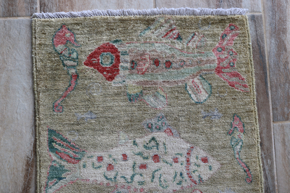 2' x 3' Ft. Fun Fish/Sea Design Afghan Peshawar Hand Knotted Wool Rug - BR2678