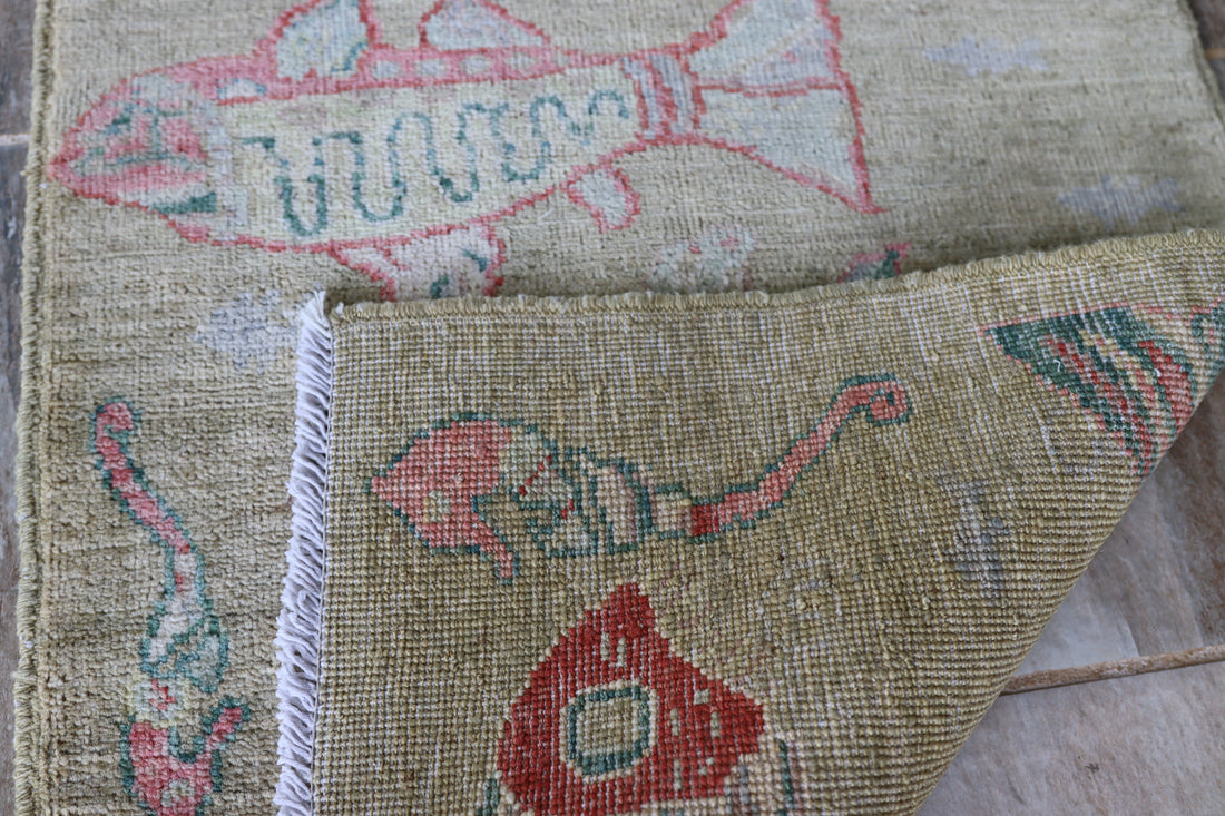 2' x 3' Ft. Fun Fish/Sea Design Afghan Peshawar Hand Knotted Wool Rug - BR2678