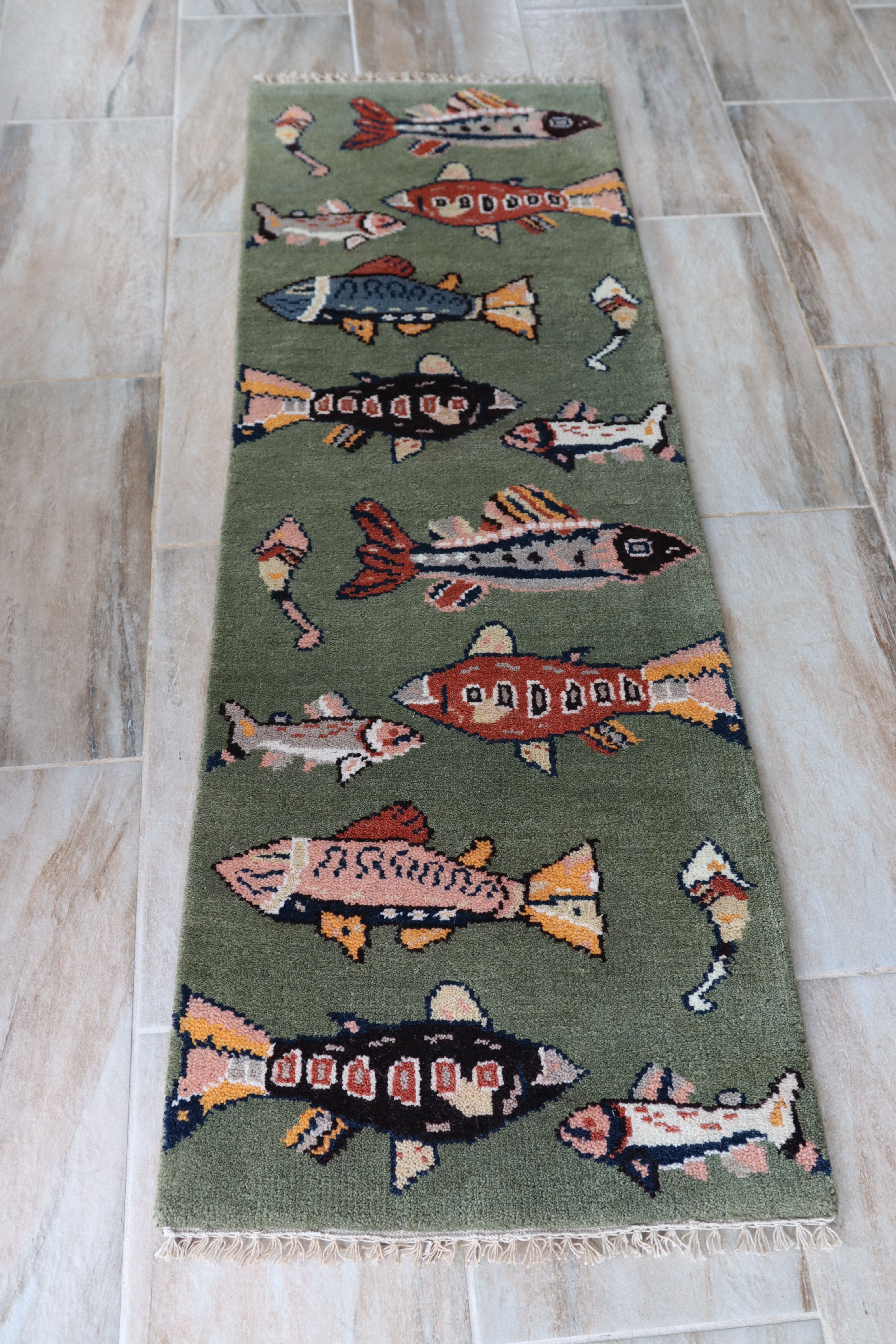 2' x 6' Ft. Fun Fish/Sea Design Turkish Oushak Bohemian Hand Knotted Wool Runner / Rug - BR2677