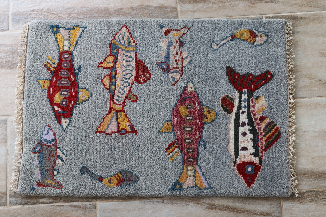2' x 3' Ft. Fun Fish/Sea Design Turkish Oushak Bohemian Hand Knotted Wool Area Rug - BR3013