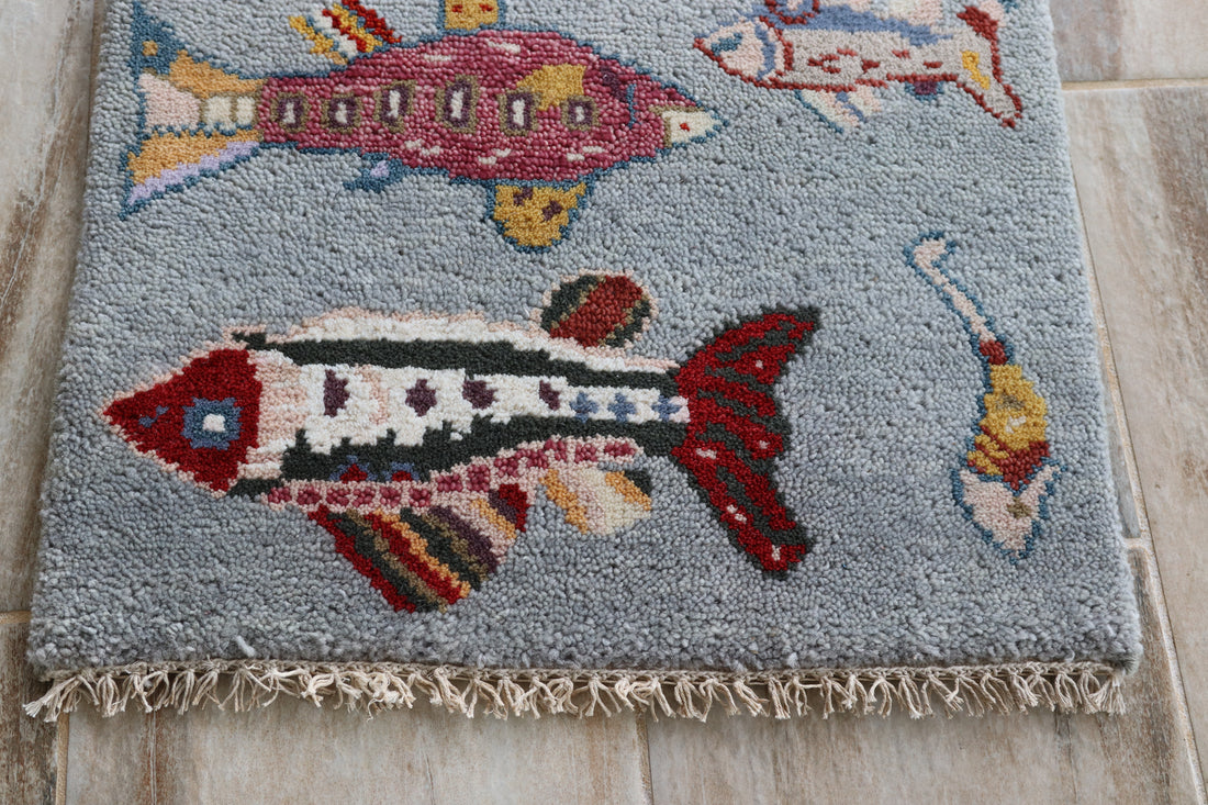 2' x 3' Ft. Fun Fish/Sea Design Turkish Oushak Bohemian Hand Knotted Wool Area Rug - BR3013