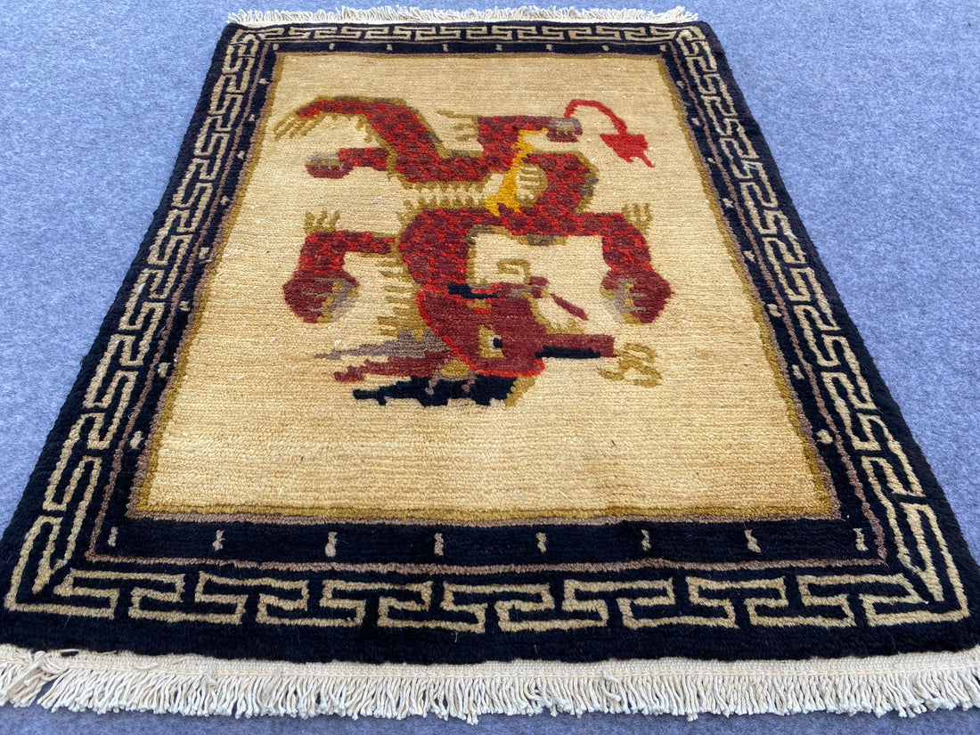 3.2' x 1.1' Ft. Authentic Vintage Chinese/Nepal Hand Knotted  Gabbah Small Area Rug BR998