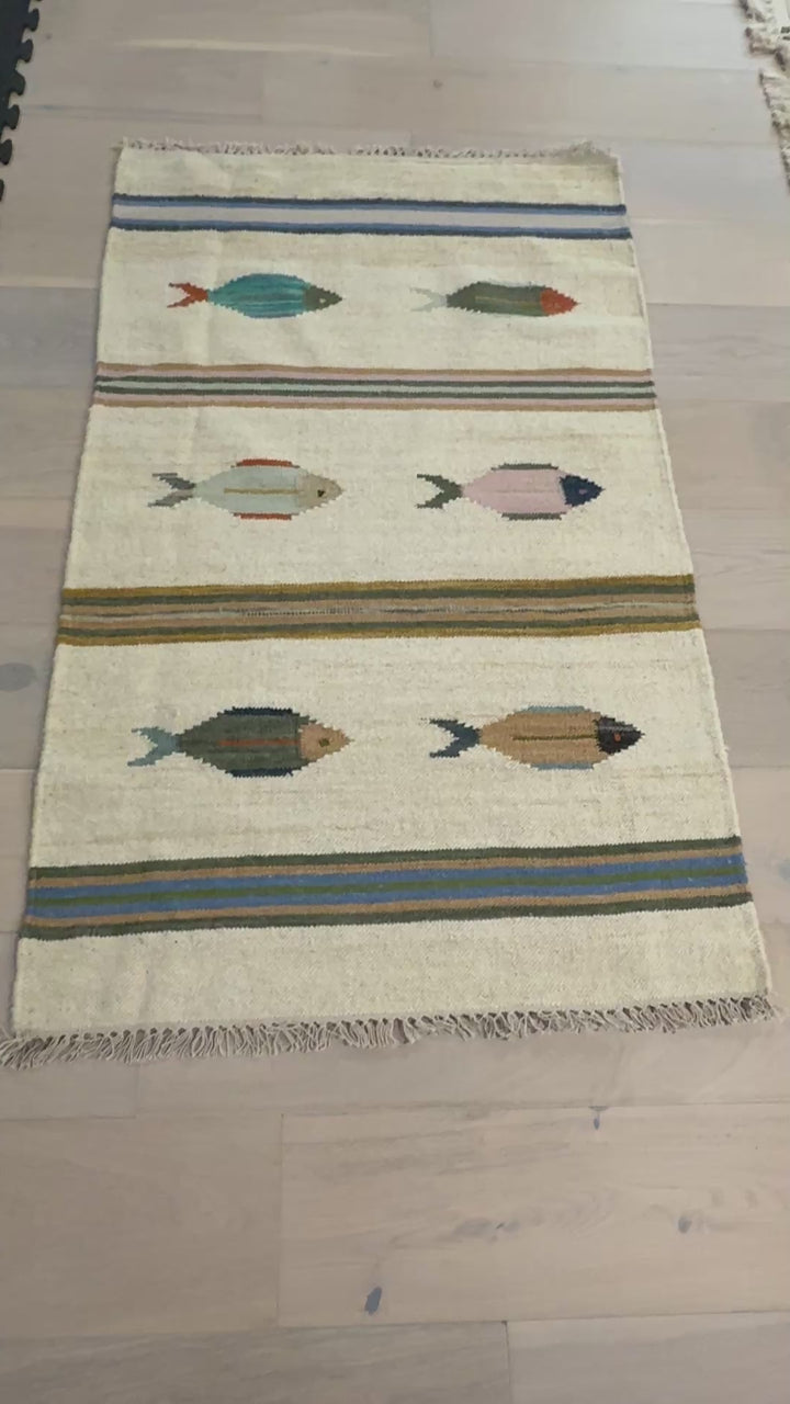 3' x 5' Ft. Fun Colorful Fish Design Turkish Oushak Kilim Hand Knotted Wool Area Rug – BR3048
