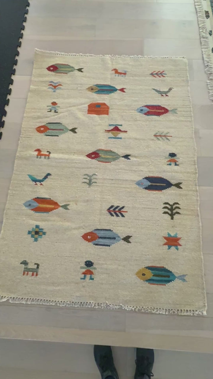 4' x 6' Ft. Fun Colorful Fish & Farm Design Turkish Oushak Kilim Hand Knotted Wool Area Rug – BR3126