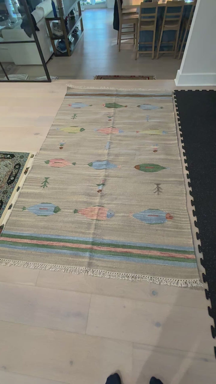 5' x 8' Ft. Fun Colorful Contemporary Fish / Farm Design Turkish Oushak Kilim Hand Knotted Wool Area Rug – BR3148