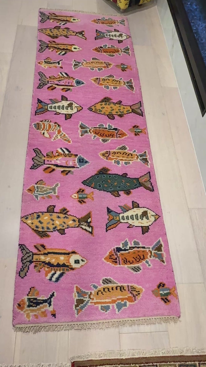 2.6' x 8' Ft. Fun Colorful Fish Design Turkish Hand Knotted Wool Rug / Runner - 3029