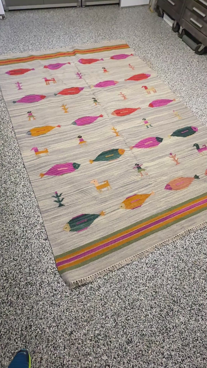 6' x 9' Ft. Fun Colorful Fish Design Turkish Oushak Hand Knotted Wool Area Rug - BR3129