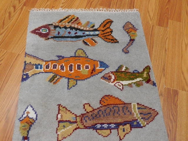 2' x 3' Ft. Fun Fish/Sea Design Turkish Oushak Bohemian Hand Knotted Wool Area Rug - BR2658
