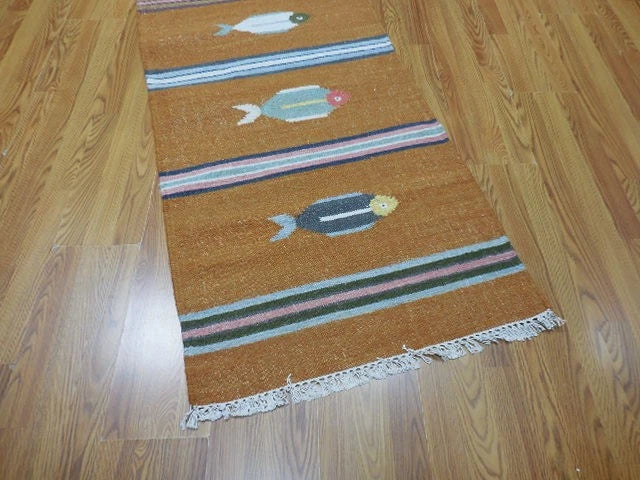 2.6' x 8' Ft. Fun Contemporary Colorful Fish Design Turkish Kilim Hand Knotted Wool Rug / Runner - BR3055