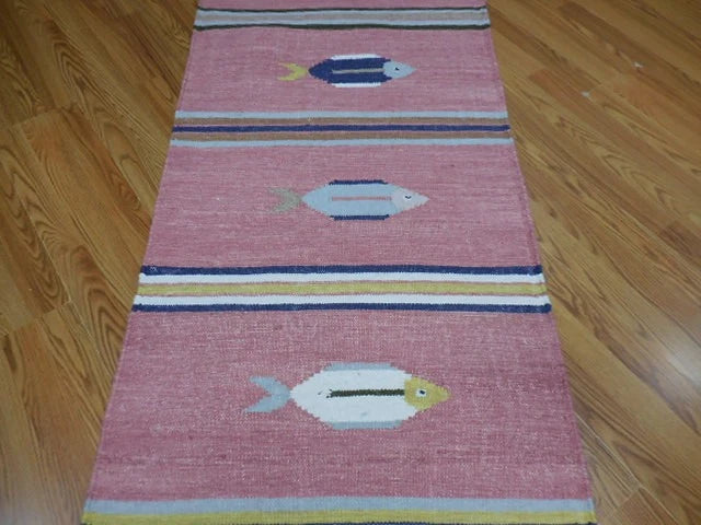 2.7' x 8' Ft. Fun Contemporary Colorful Fish Design Turkish Kilim Hand Knotted Wool Runner / Rug