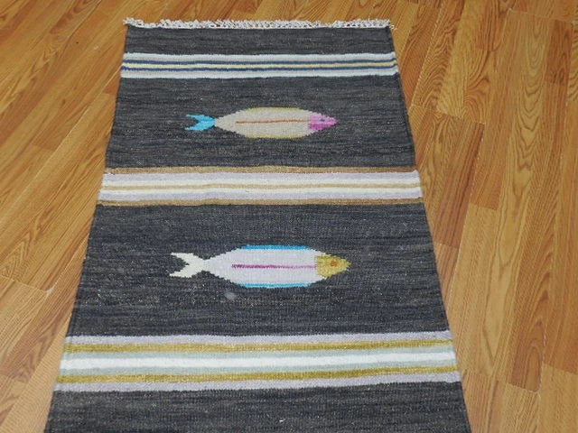 2.7' x 8' Ft. Fun Colorful Fish Design Turkish Kilim Hand Knotted Wool Rug / Runner - BR3006