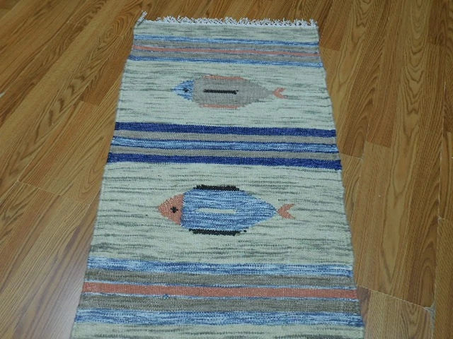 2' x 6' Ft. Fun Colorful Fish Design Turkish Kilim Hand Knotted Wool Rug / Runner - BR2659