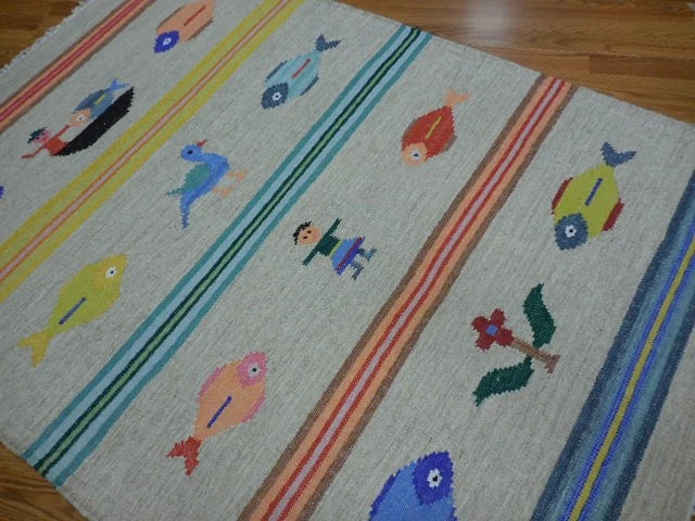 4' x 6' Ft. Fun Colorful Fish & Farm Design Turkish Oushak Kilim Hand Knotted Wool Area Rug – B3058