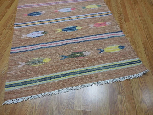 4' x 6' Ft. Fun Colorful Contemporary Fish Design Turkish Oushak Kilim Hand Knotted Wool Area Rug – BR3065