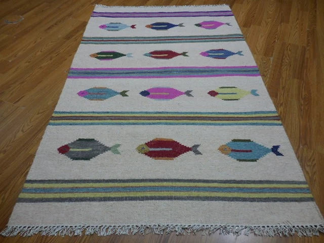 4' x 6' Ft. Fun Colorful Fish Design Turkish Oushak Kilim Hand Knotted Wool Area Rug – BR3049