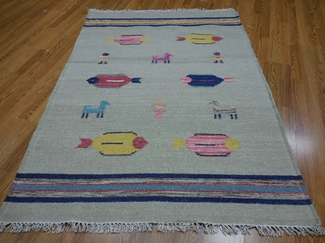 4' x 6' Ft. Fun Colorful Fish Design Turkish Oushak Hand Knotted Kilim Wool Area Rug - BR3027