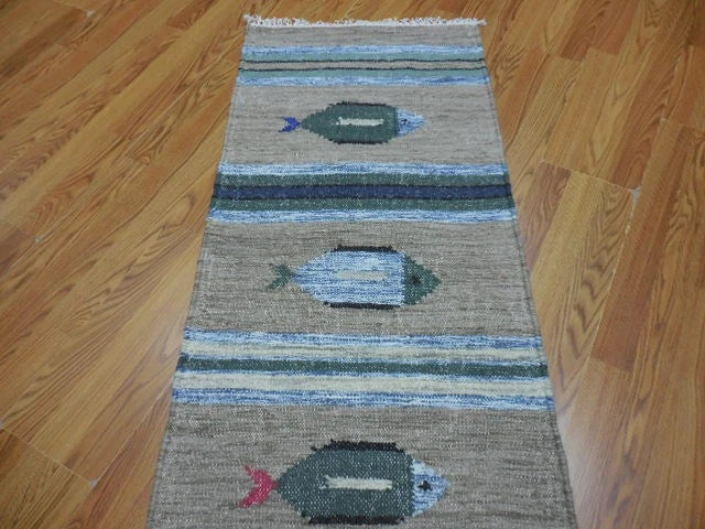 2' x 6' Ft. Fun Colorful Fish Design Turkish Hand Knotted Kilim Wool Rug / Runner - BR3024