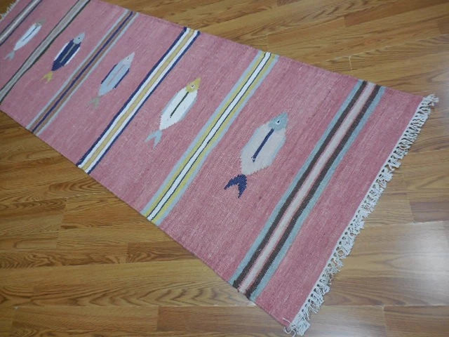 2.7' x 8' Ft. Fun Contemporary Colorful Fish Design Turkish Kilim Hand Knotted Wool Runner / Rug