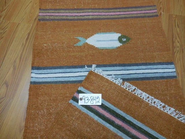 2.6' x 8' Ft. Fun Contemporary Colorful Fish Design Turkish Kilim Hand Knotted Wool Rug / Runner - BR3055