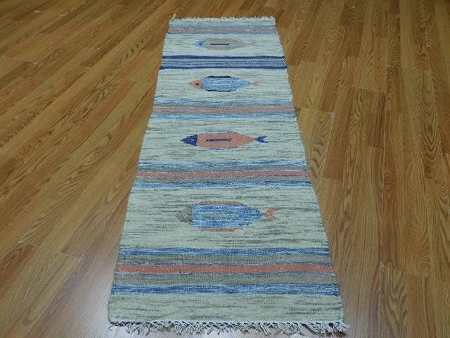 2' x 6' Ft. Fun Colorful Fish Design Turkish Kilim Hand Knotted Wool Rug / Runner - BR2659