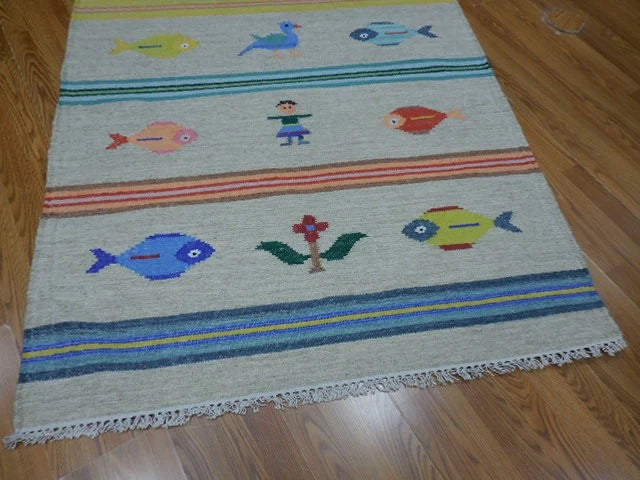 4' x 6' Ft. Fun Colorful Fish & Farm Design Turkish Oushak Kilim Hand Knotted Wool Area Rug – B3058