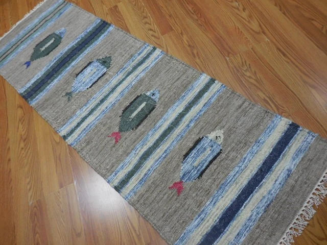 2' x 6' Ft. Fun Colorful Fish Design Turkish Hand Knotted Kilim Wool Rug / Runner - BR3024