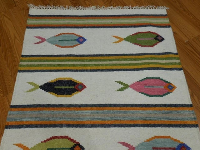 3' x 5' Ft. Fun Colorful Contemporary Fish Design Turkish Oushak Kilim Hand Knotted Wool Area Rug – BR3100