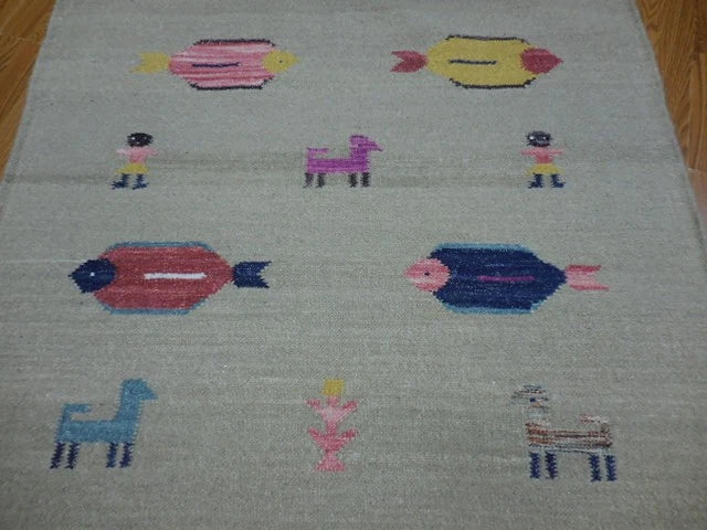 4' x 6' Ft. Fun Colorful Fish Design Turkish Oushak Hand Knotted Kilim Wool Area Rug - BR3027
