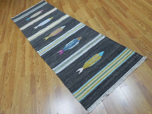 2.7' x 8' Ft. Fun Colorful Fish Design Turkish Kilim Hand Knotted Wool Rug / Runner - BR3006