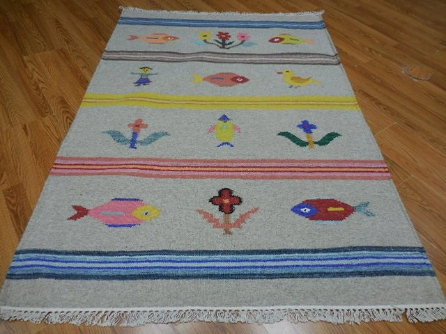 4' x 6' Ft. Fun Colorful Fish / Farm Design Turkish Oushak Hand Knotted Kilim Wool Area Rug - BR3051