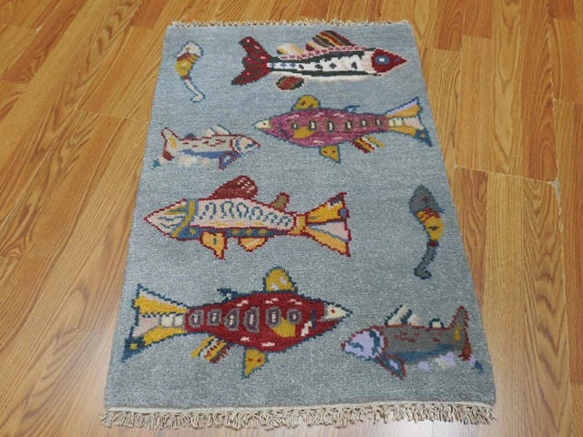2' x 3' Ft. Fun Fish/Sea Design Turkish Oushak Bohemian Hand Knotted Wool Area Rug - BR2672