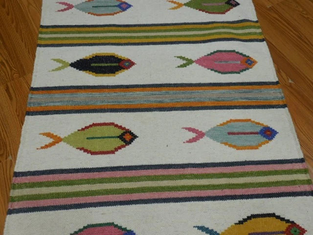 3' x 5' Ft. Fun Colorful Contemporary Fish Design Turkish Oushak Kilim Hand Knotted Wool Area Rug – BR3100