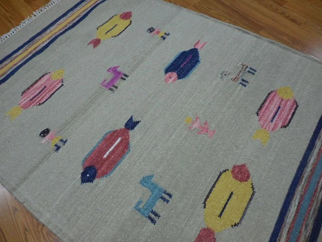 4' x 6' Ft. Fun Colorful Fish Design Turkish Oushak Hand Knotted Kilim Wool Area Rug - BR3027