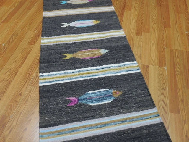 2.7' x 8' Ft. Fun Colorful Fish Design Turkish Kilim Hand Knotted Wool Rug / Runner - BR3006