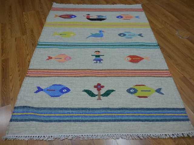 4' x 6' Ft. Fun Colorful Fish & Farm Design Turkish Oushak Kilim Hand Knotted Wool Area Rug – B3058