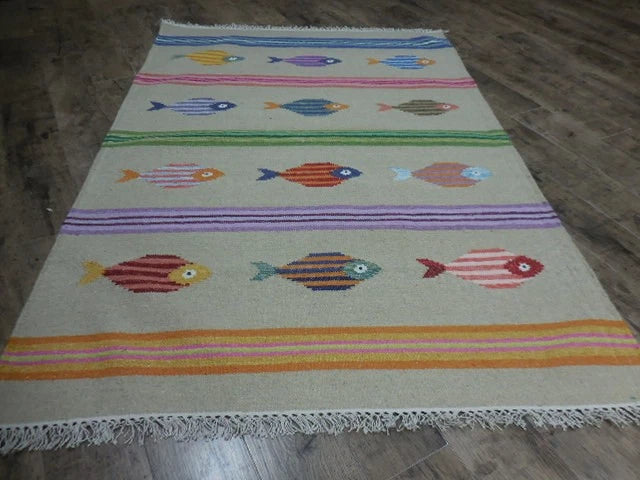 4' x 6' Ft. Fun Colorful Fish Design Turkish Oushak Kilim Hand Knotted Wool Area Rug – BR3053