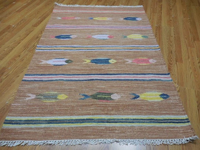 4' x 6' Ft. Fun Colorful Contemporary Fish Design Turkish Oushak Kilim Hand Knotted Wool Area Rug – BR3065