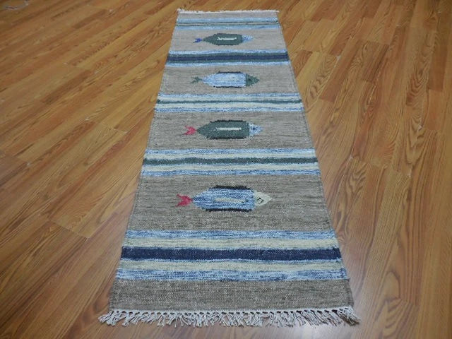 2' x 6' Ft. Fun Colorful Fish Design Turkish Hand Knotted Kilim Wool Rug / Runner - BR3024