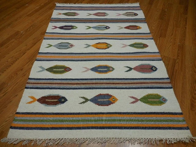 4' x 6' Ft. Fun Colorful Fish Design Turkish Oushak Kilim Hand Knotted Wool Area Rug – BR30266