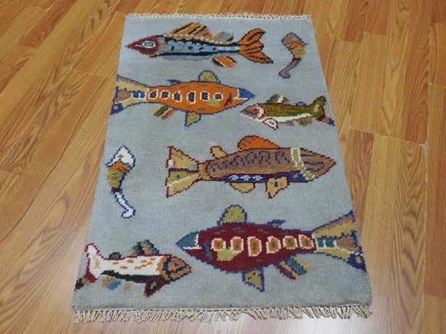 2' x 3' Ft. Fun Fish/Sea Design Turkish Oushak Bohemian Hand Knotted Wool Area Rug - BR2658