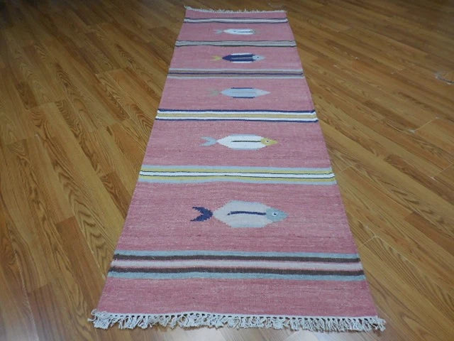 2.7' x 8' Ft. Fun Contemporary Colorful Fish Design Turkish Kilim Hand Knotted Wool Runner / Rug