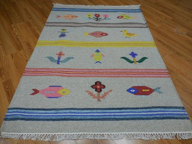 4' x 6' Ft. Fun Colorful Fish / Farm Design Turkish Oushak Hand Knotted Kilim Wool Area Rug - BR3051
