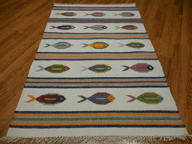 4' x 6' Ft. Fun Colorful Fish Design Turkish Oushak Kilim Hand Knotted Wool Area Rug – BR30266