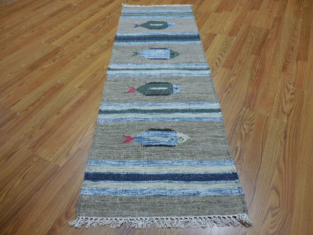 2' x 6' Ft. Fun Colorful Fish Design Turkish Hand Knotted Kilim Wool Rug / Runner - BR3024