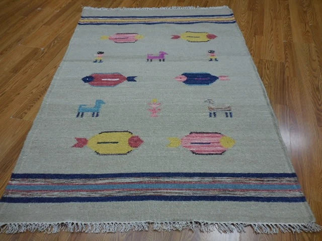4' x 6' Ft. Fun Colorful Fish Design Turkish Oushak Hand Knotted Kilim Wool Area Rug - BR3027