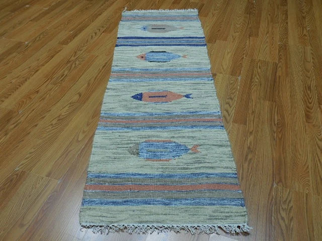 2' x 6' Ft. Fun Colorful Fish Design Turkish Kilim Hand Knotted Wool Rug / Runner - BR2659