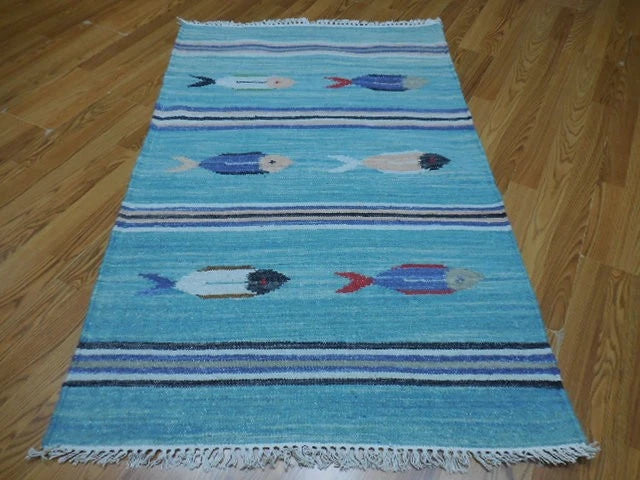 3' x 5' Ft. Fun Colorful Fish Design Turkish Oushak Kilim Hand Knotted Wool Area Rug – BR3030